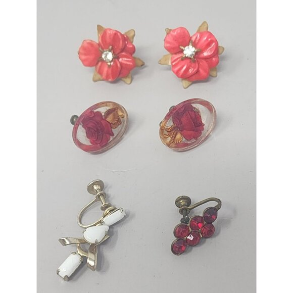 Vintage Screw On‎ Earrings Lucite Rose Celluloid Flower Milk Glass Red Glass - Picture 1 of 6